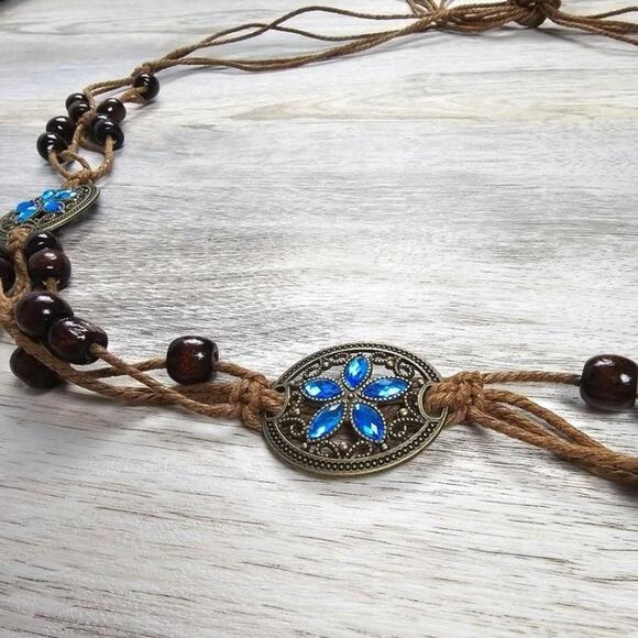 Boho Braided 5 Leaf Rhinestone Blue And Brown Beaded Woven Soft Tie Belt D0500 - Picture 6 of 12